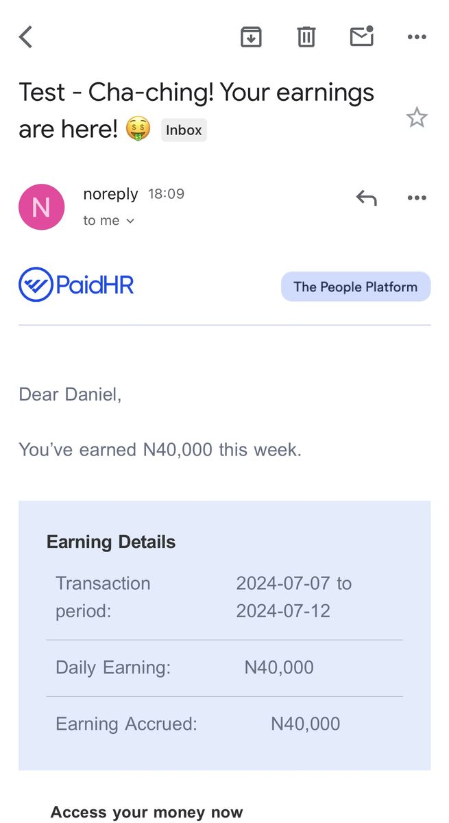 PaidHR “Cha-ching” weekly earnings email showing earnings accrued that week